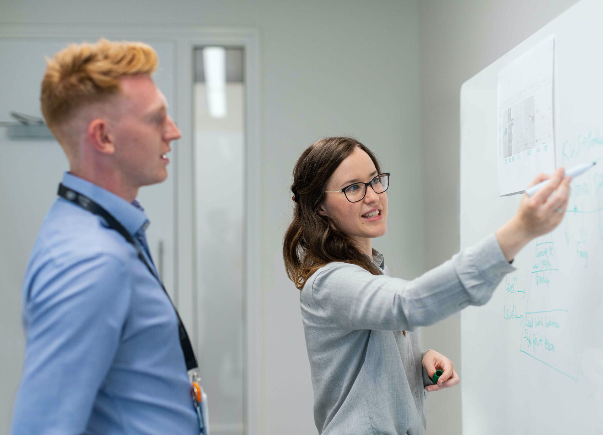 Software engineers engaging in communication at a whiteboard